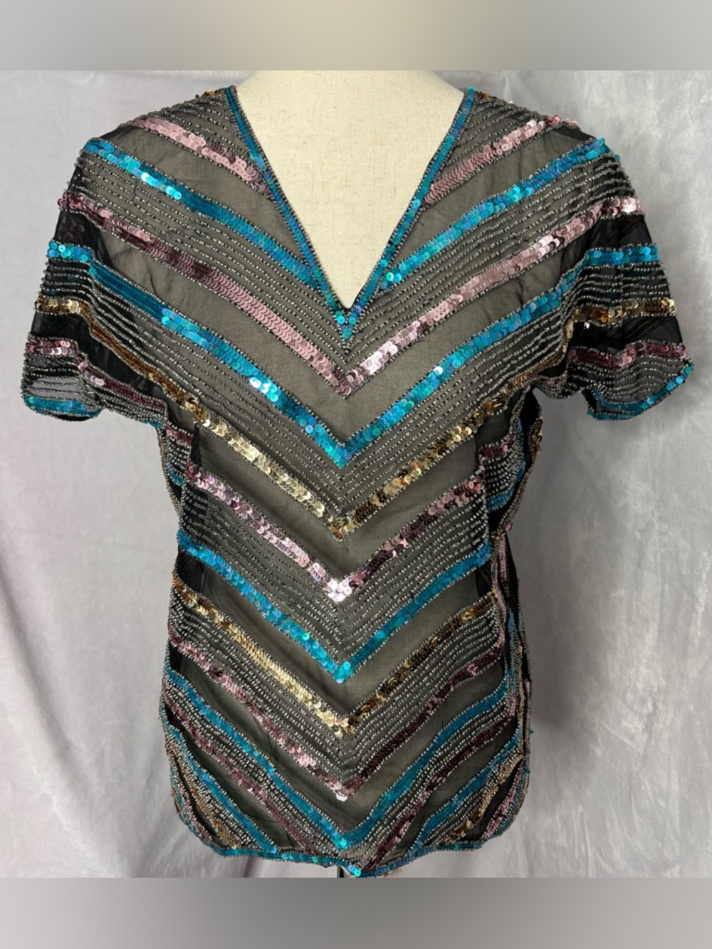 Vintage Argenti 100% Silk Sequin Blouse Chevron Striped Small 80s